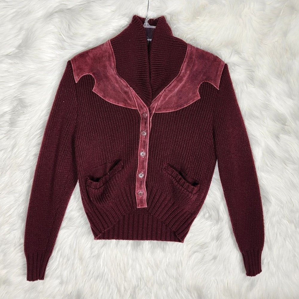 Vintage Miller Outwear Cardigan Womens Adult Small Cable Knit Leather Full Zip